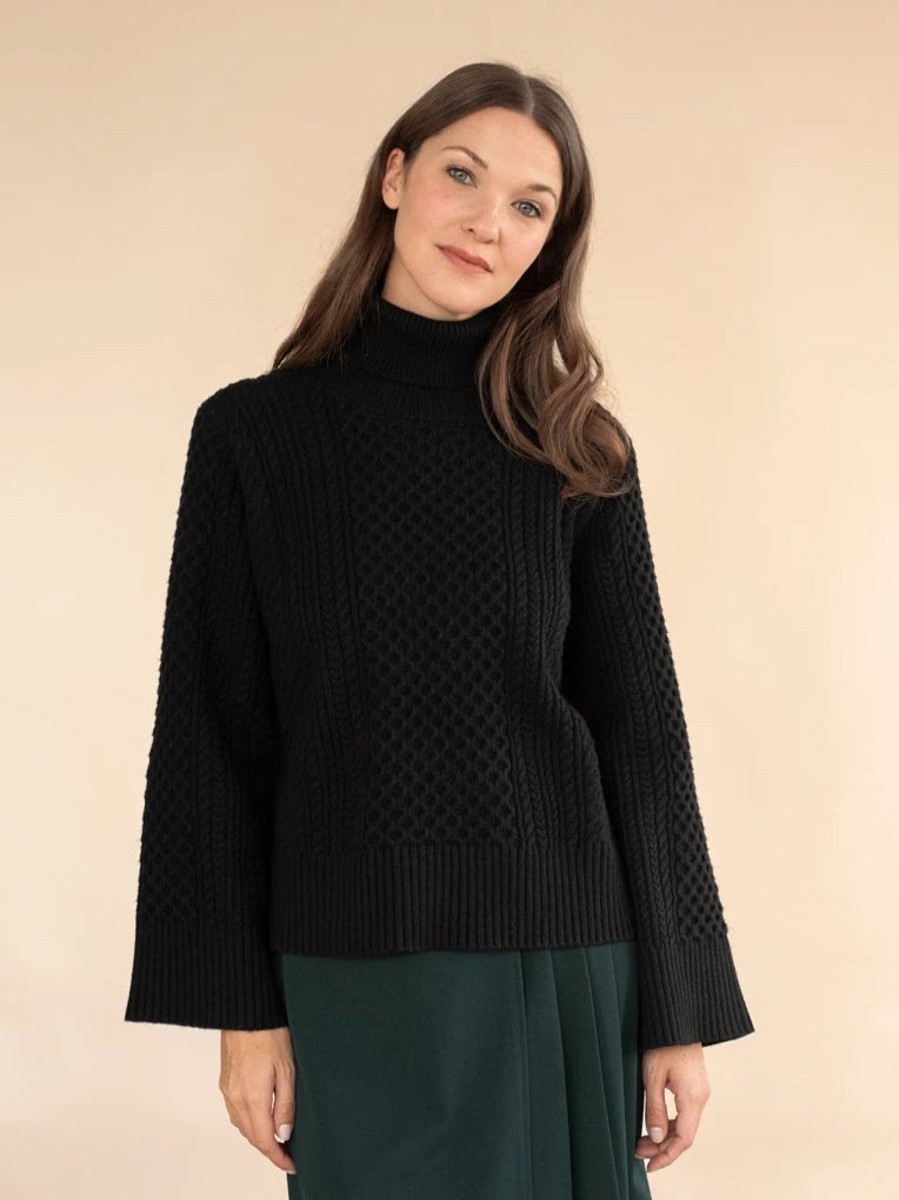 New Rachel Hilda Cable Knit Sweater Top Black