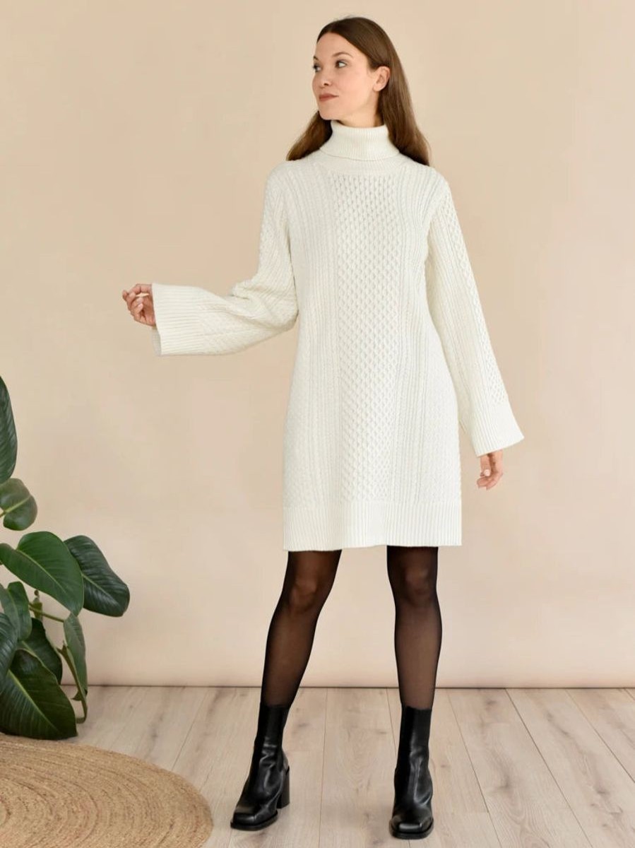 Hot Rachel Ingrid Cable Knit Sweater Dress Off White